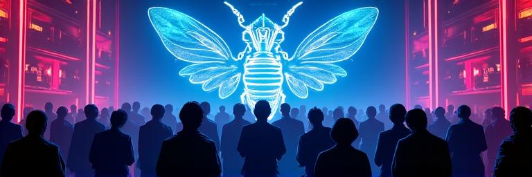 未来的な東京のナイトクラブで開催されるDJイベントのフライヤー、ネオンサインと昆虫のモチーフ