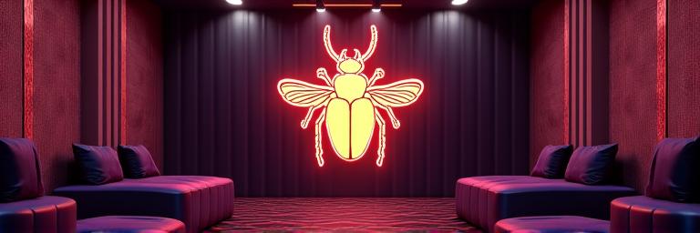 VIPクラブナイトのフライヤー、豪華な内装と輝くカブトムシのロゴが特徴。