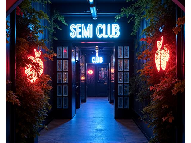 Club entrance adorned with glowing, bioluminescent insect art