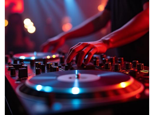 Close-up shot of a DJ's hands on turn tables during a lively set