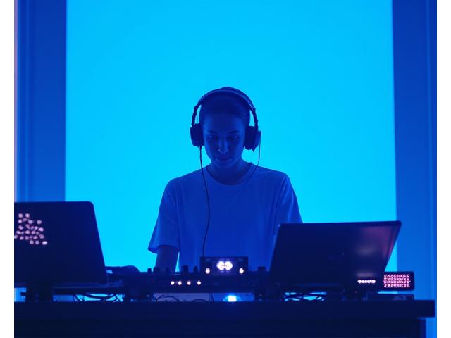 DJ in a futuristic booth at Cyber Kabuto Fest, bathed in blue light