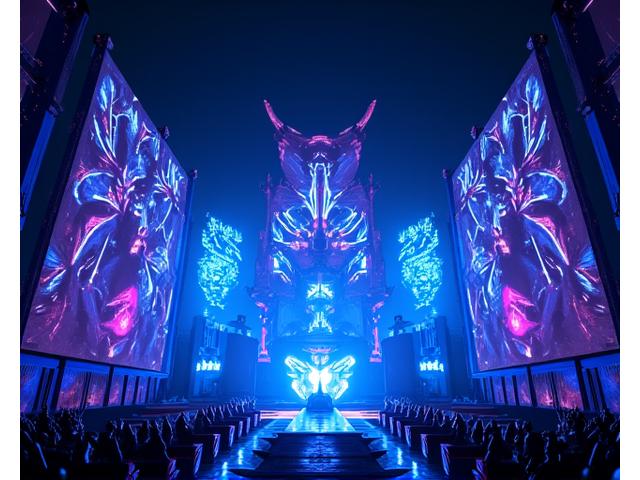 Cyber Kabuto Fest stage design with geometric insect patterns and futuristic lighting
