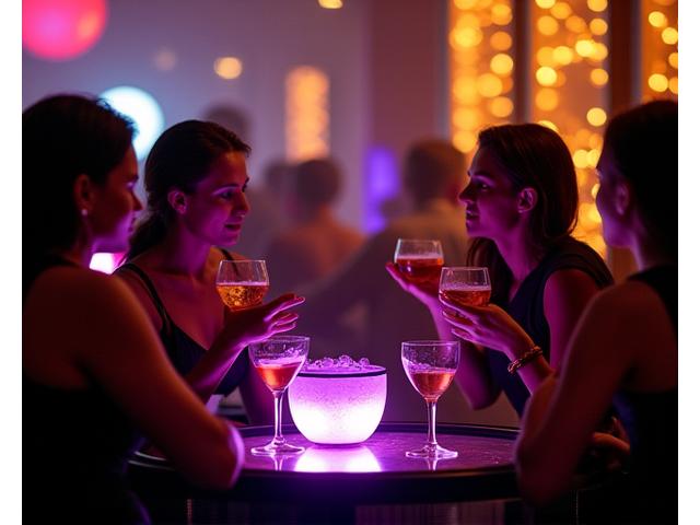 VIP lounge area with guests enjoying drinks under dim, ambient lighting