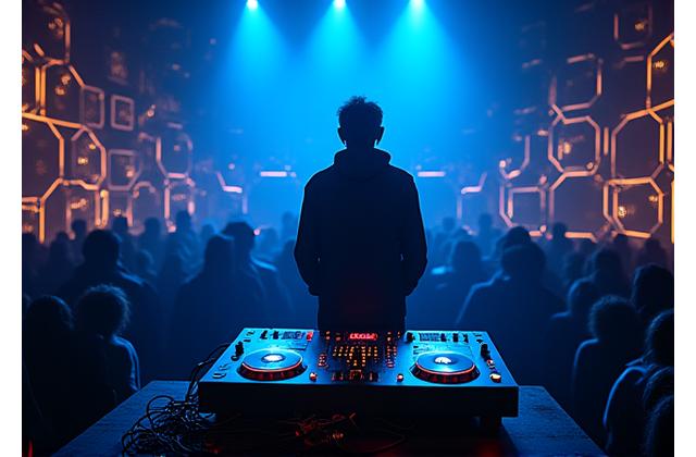 光る六角形の背景とDJミキサー、クラブナイトプロモーションを示す