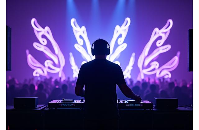 虫の羽のような光が当たるDJブース、DJブッキングを示す